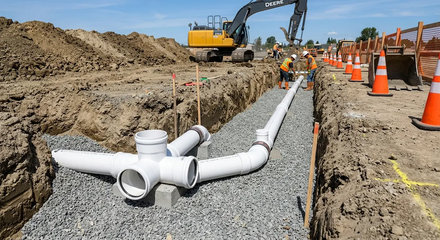 New PVC sewer pipe installation in open trench for Sewer Backup in Winter Springs
